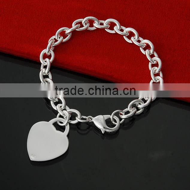 925 sterling silver plated Heavy Wide Chain Lobster Clasp Heart Bracelet