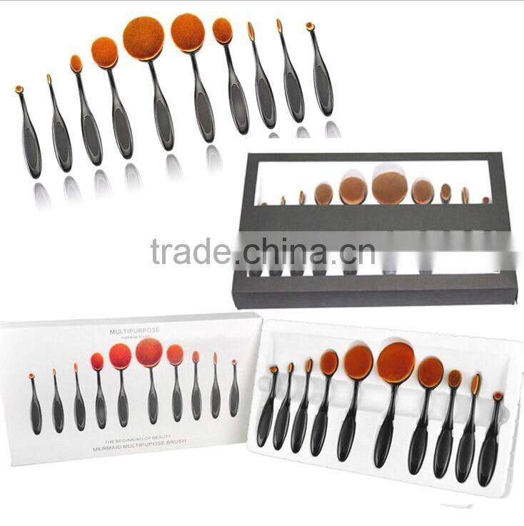 2016 Hot Sale Makeup Brush 10pcs Private Label Tooth Brush Wholesale Oval Foundation Makeup Brush Set