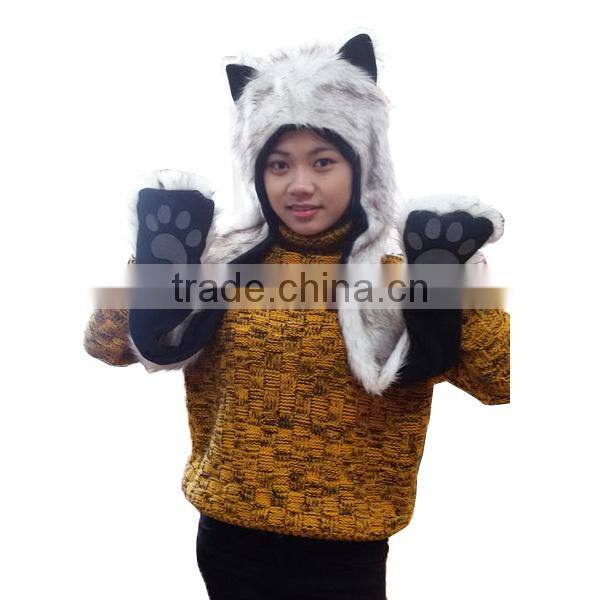 2015 White Wolf Fur Animal Hat Scarf with Paws