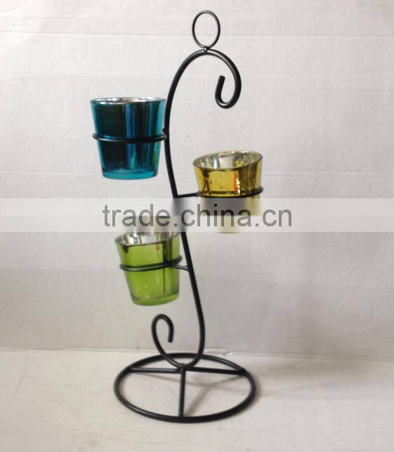 2016 new design acid etch glass candle holder set with metal stand