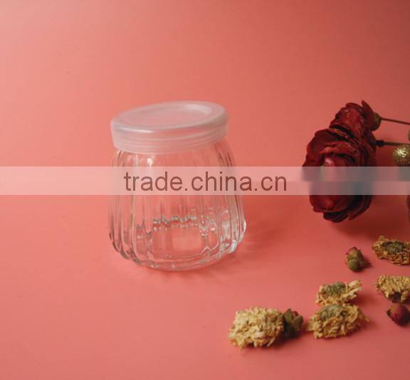 promotional fancy ribbed pudding jelly glass jar with plastic lid