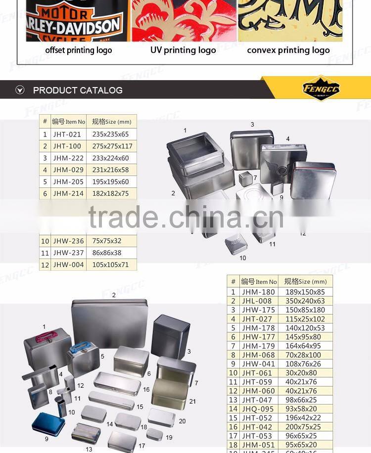 Hot Promotion customized embossed color logo flat square / rectangle metal tin box