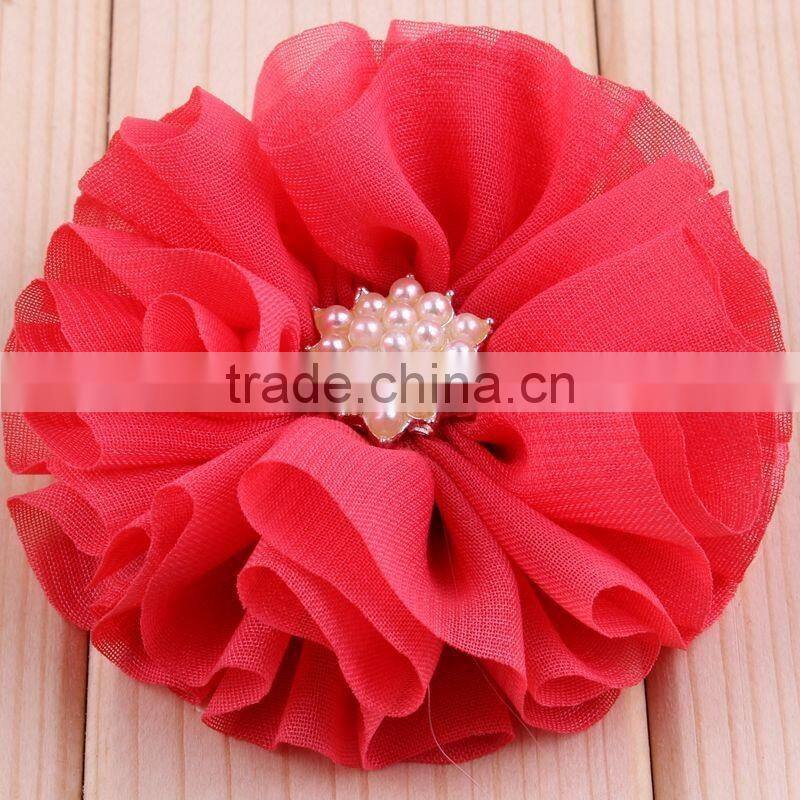 hot cutting chiffon flower with pearl bead center for kids hair accessories