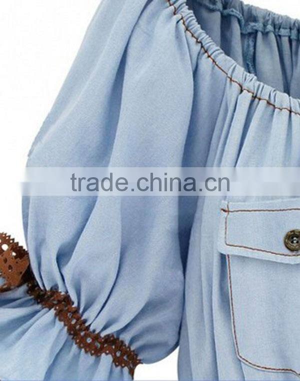 Girls fairy blue jeans style peplum ruffle sleeve blouses China manuafacturer