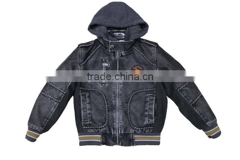 Newest fashion kids black leather jacket with hood