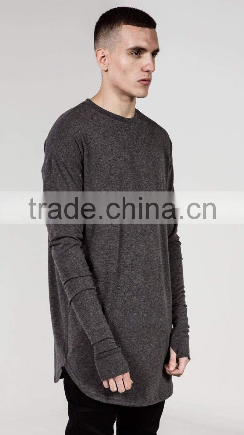 Fashion Extend Hip Hop T-Shirt Mens Longline Curved Hem T Shirt Plain Long Sleeve Side Split T Shirt with Thumbhole