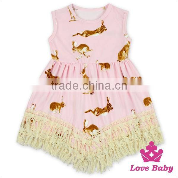 48BQA142 Lovebaby Easter Days Outfits Garments Printed Rabbit Sleeveless Baby Festival Dress Patterns With Same Fabric Hat