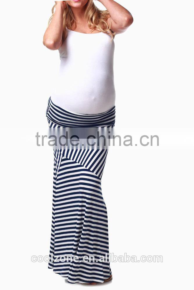 Fold over waistband navy blue white print maternity long skirts