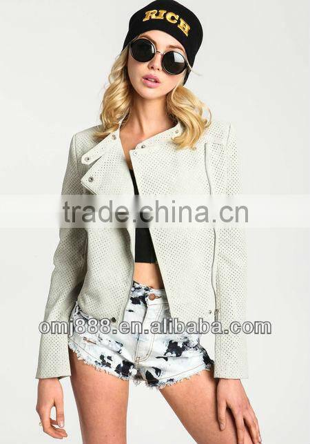 Perforated Bomber PU white fashion zipper long sleeve Jacket