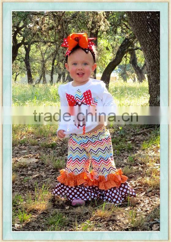 Wild Turkey Outfit Long Sleeve White Top Chevron Double Ruffle Pants and Appliqued Turkey Outfit set for Thanksgiving Day