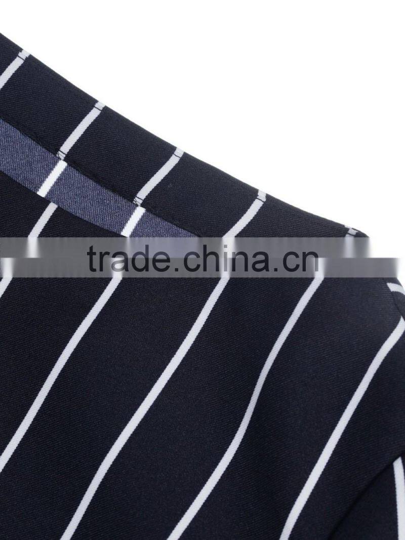 2016 ladies cotton/polyester navy strip thick formal short sleeve shirt/blouse