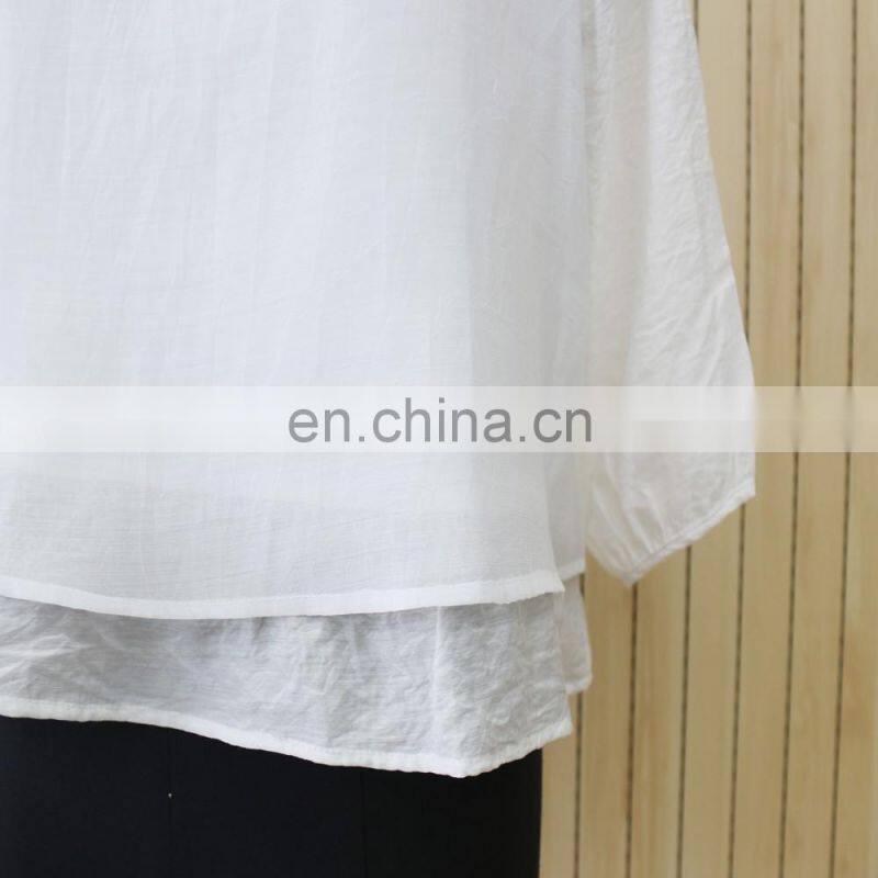women hot sale flounce hem white 3/4 sleeve double layer blouse