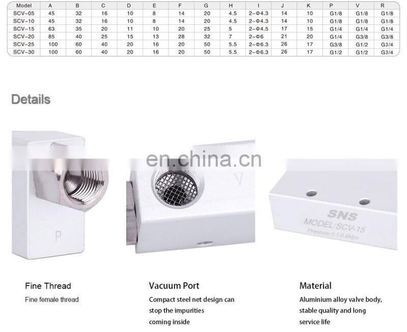 SNS SCV/CCV series pneumatic aluminum alloy air vacuum ejector generator