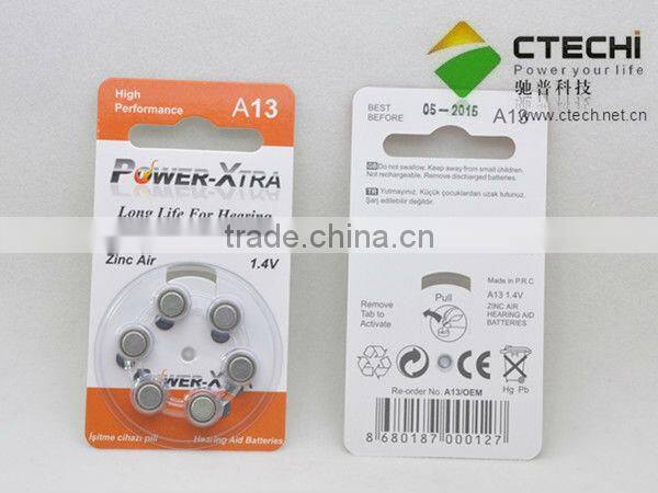1.4V A13 Zinc-air button battery in Blister Card for hearing aid