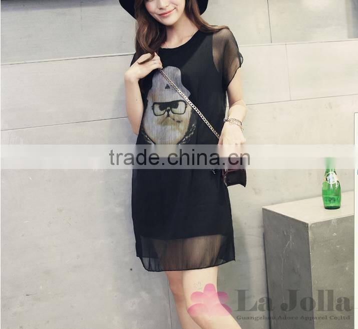 Lastest Summer Fashion Ladies Printed Chiffon False two-piece Sexy short sleeves T-shirt 143