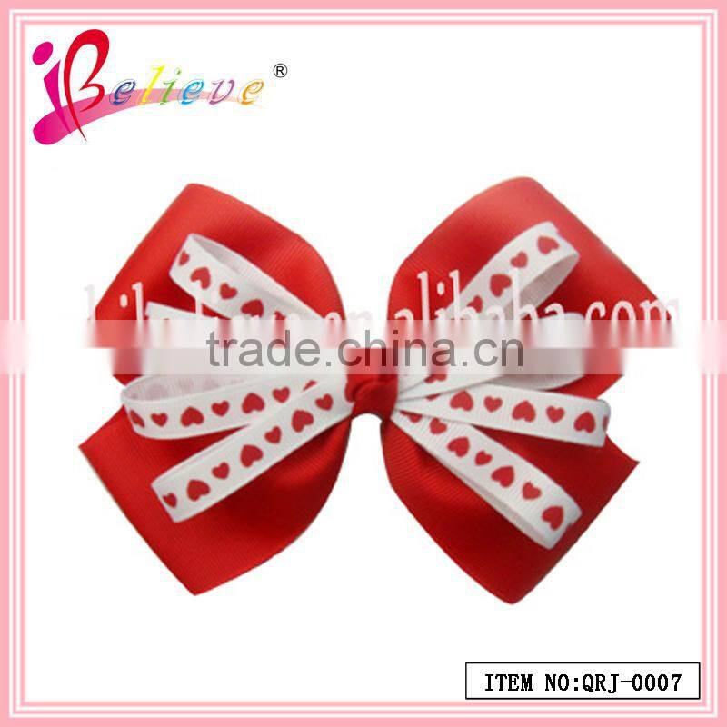 New arrival latest design wholesale red ribbon bow fashion hair clip with heart for girls (QRJ-0008)