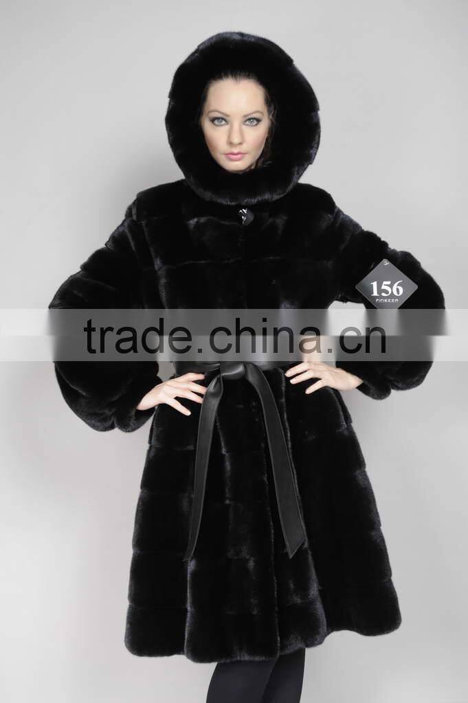horizontal black mink fur coat with hood