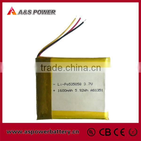 Rechargeable 535058 lithium polymer battery 3.7v 1650mah li-ion battery