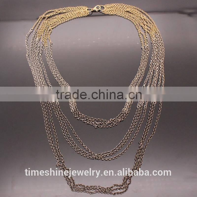 Multi Strand Three Tones Long Chain Necklace