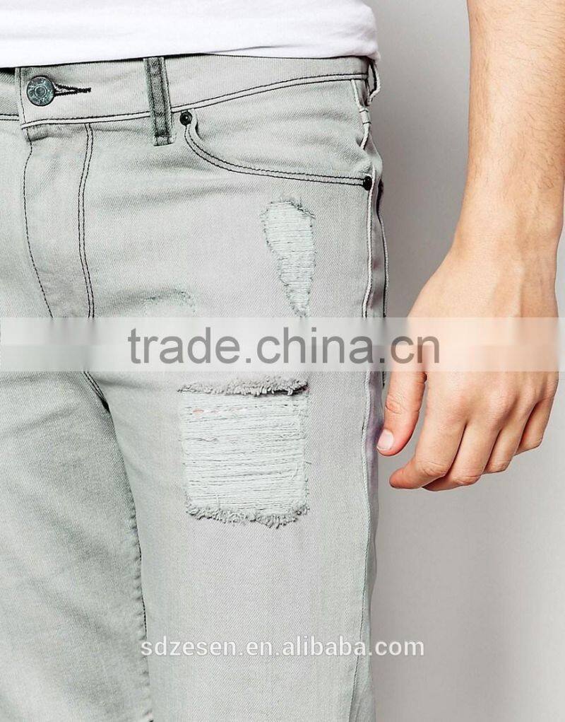 Light Grey Super Skinny Destroyed Wash Denim Shorts Jeans Shorts With Spray Coating For Men