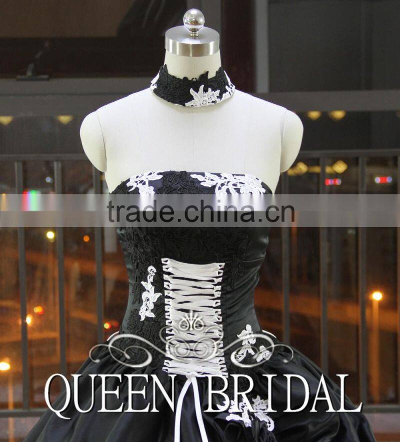 Real Works Strapless Black and White Wedding Dresses 2015 Ball Gown