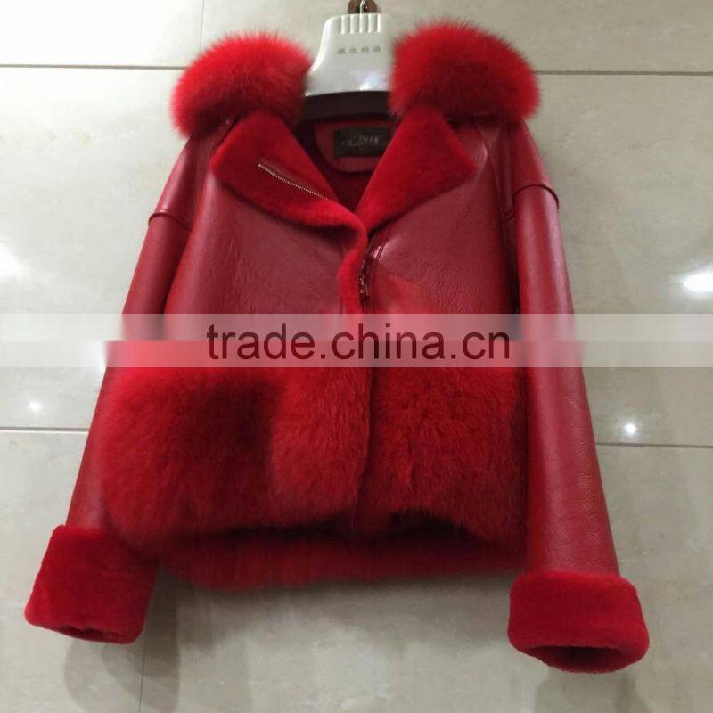 Hot Sale Cool Style Ladies Real Black and Grey Fox Shearing Fur Women Leather Jacket