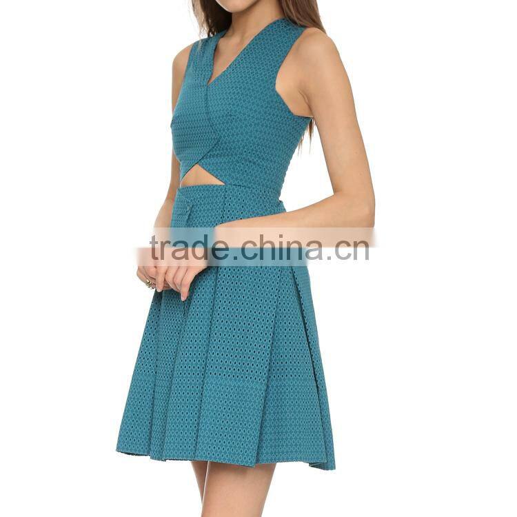 New Style 2015 Women Fashion V Neck Cut Out Front Mini Pleated Jacquard Dress Photo