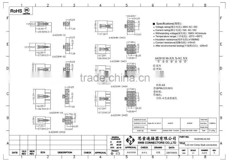 6.20 MM Pitch wire to wire electrical connectors