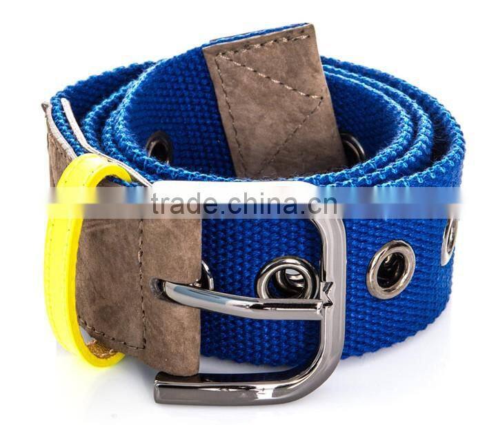 Beyond Men Women Genuine Leather Tab Woven Fabric Canvas Grommet Belt