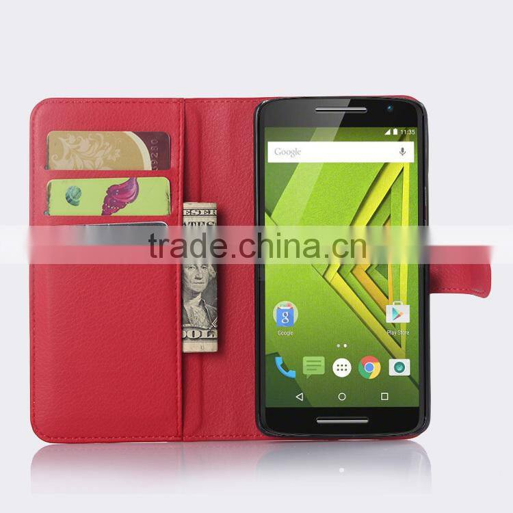 2015 New Arrival Stand Wallet Lychee Leather phone case for Motorola Moto X Play