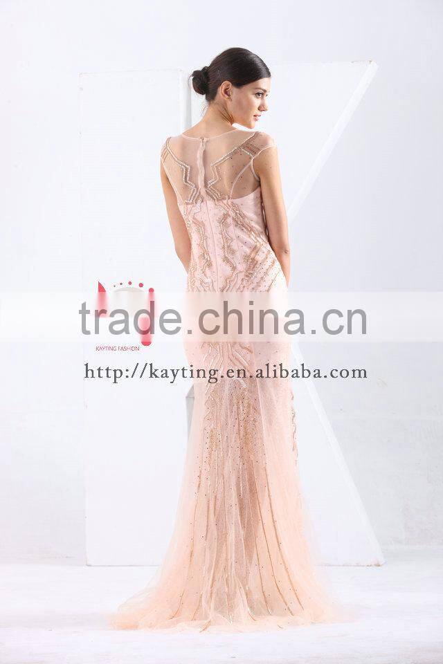 Hot sale Gorgeous Pink short sleeve transparent backless fashion beaded party sexy dress elegant young sex evening dress