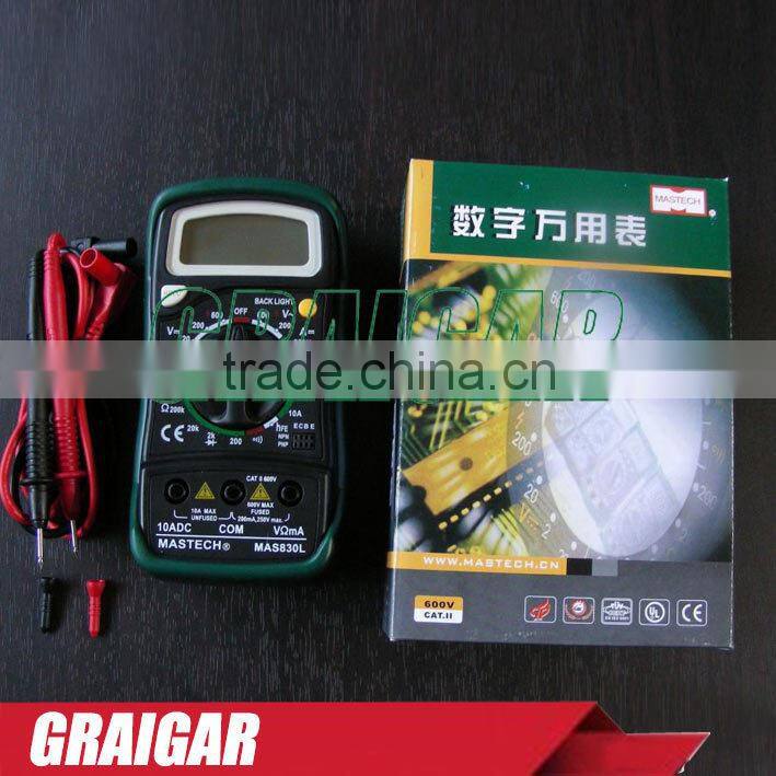 LCD Display Mastech MAS830L Mini Handheld Digital Multimeter DC Current Tester Backlight Data Hold Continuity Diode hFE Test