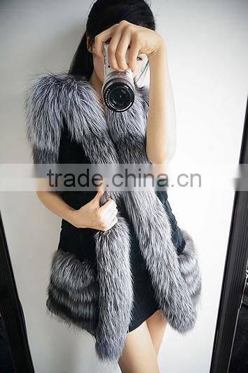 factory price koreal style long silver fox fur trim rabbit fur vest