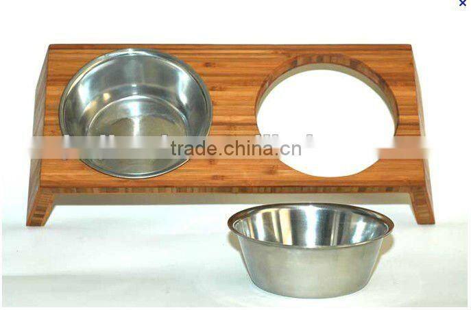 Bamboo double diner pet bowl with stainless steel bowl