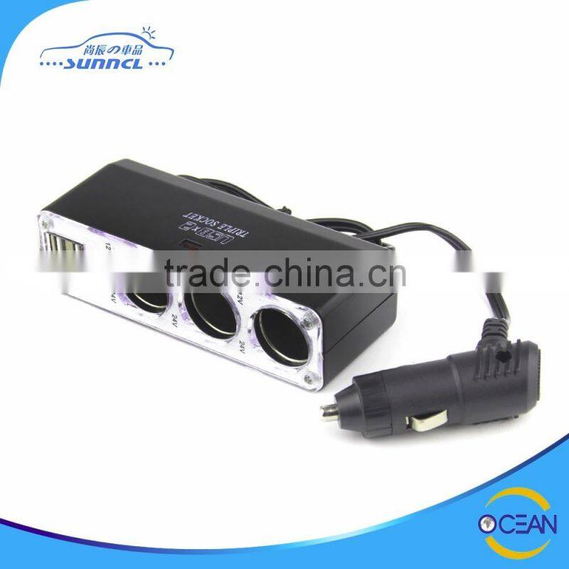 12V 24V Output 5V 1000mA Car Cigarette Lighter Socket Adapter with 3 Holes 2 USB