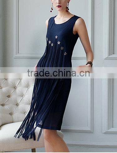fashion clothing OEM star detailing sleeveless midi women tassels dress