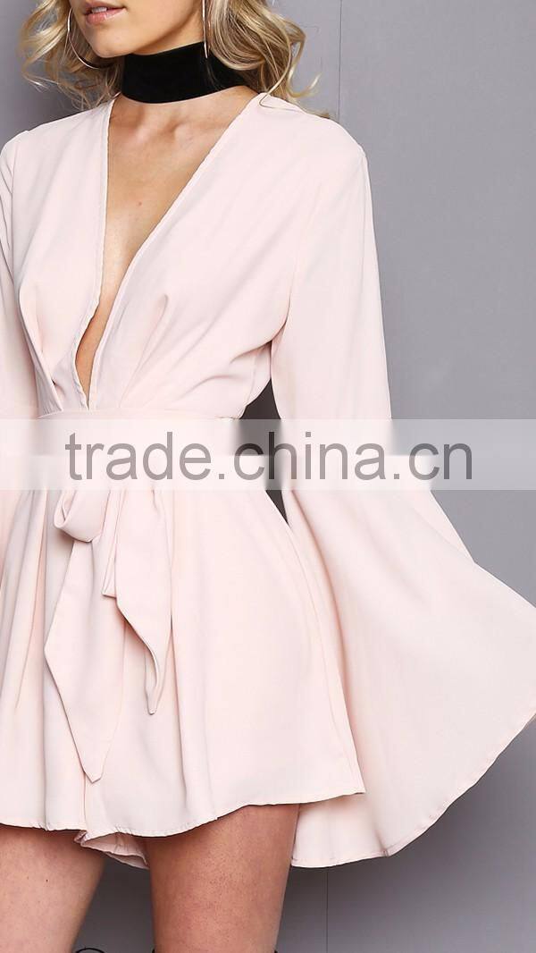 New arrival pretty lovely long sleeve v neckline pink romper playsuits for women