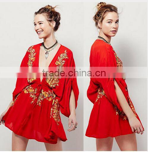 Wholesale V-neck Maxi Design Top Black Long Sleeve Embroidery Sexy Mini Top