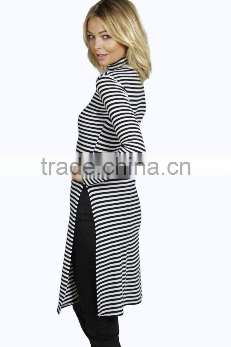 Customized jersey striped dress shirt/high neck long sleeve printing dress/slim fit split side dress