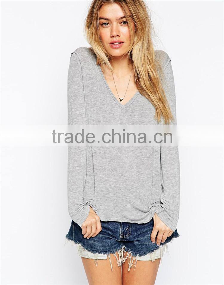 Womens long sleeve plain v neck wholesale t shirts