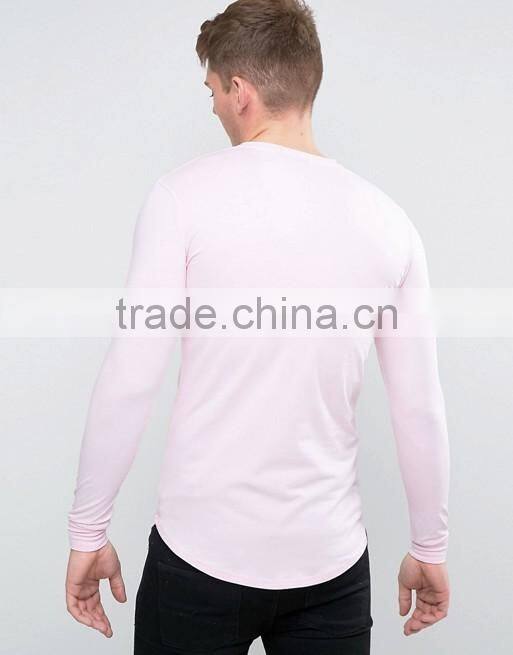 Hot Sale Men's Long Sleeve Longline T-Shirt 96% Cotton 4% Elastane Long Drop Curved Hem T Shirt Muscle Fit Gym T Shirt