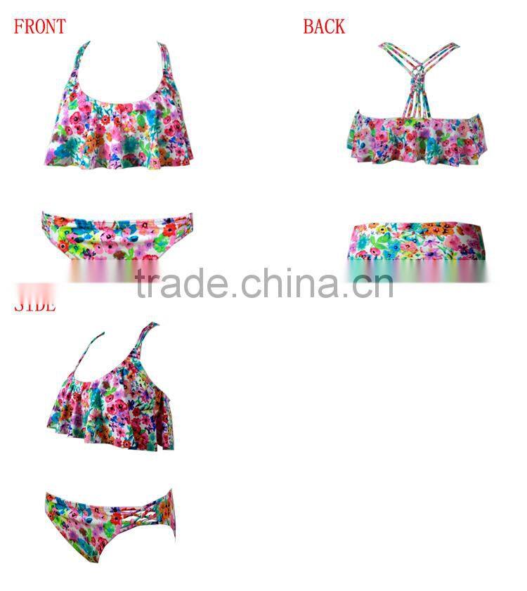 flora print swimsuits,strappy back flounce top with cheeky bottom