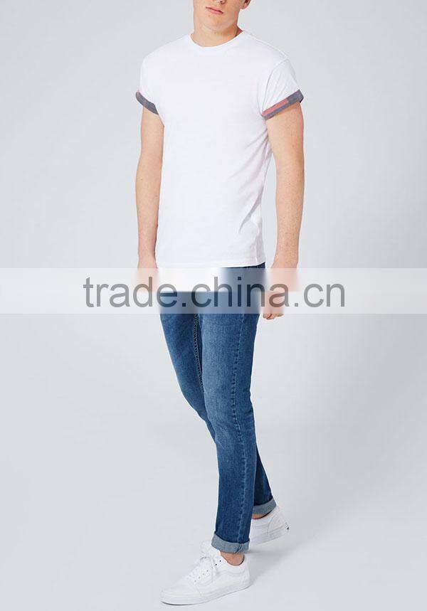 Custom promotional round neck plain white men rolled sleeve t shirts