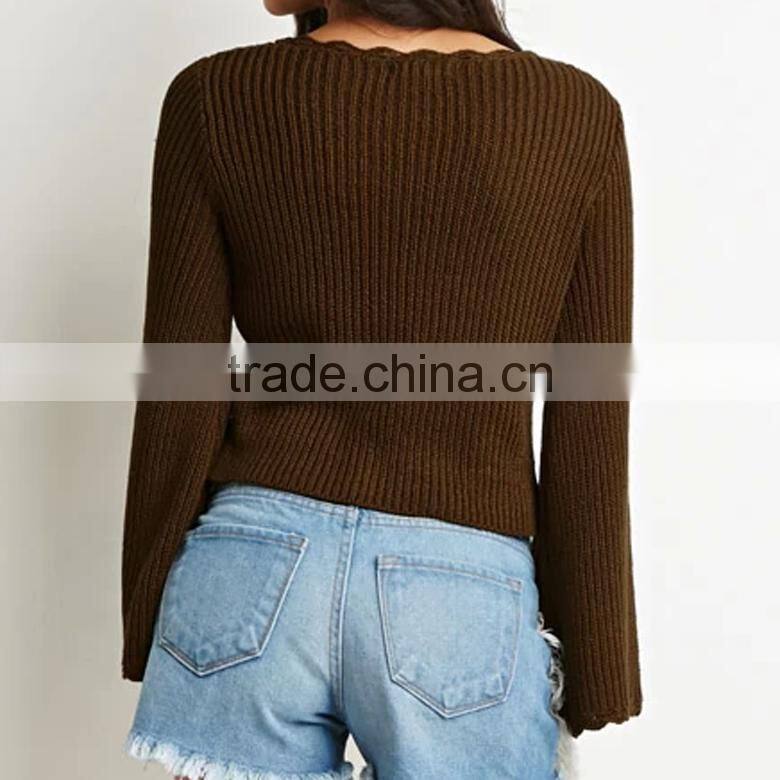 brown slouchy ribbed knit sweater pullover design with long bell sleeves