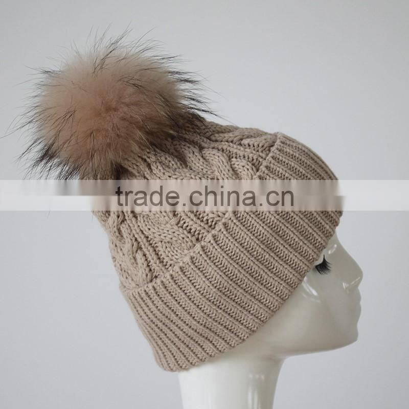 Myfur Knitted Beanie Slouchy Unisex Cap Baggy Skull Ski Keep Warm Hat with Fur Ball