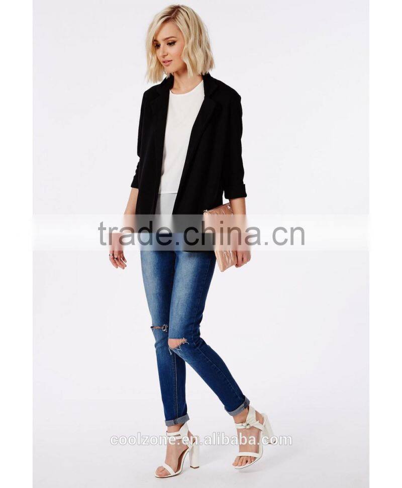 Fashion tailored lapel turn up cuffs jersey blazer women blazer suit 2015