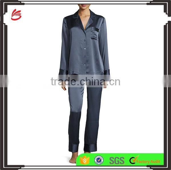 Highest quality ladies elegant night sleeping shirts and pants wear stain long sleeves pajamas set wholesale