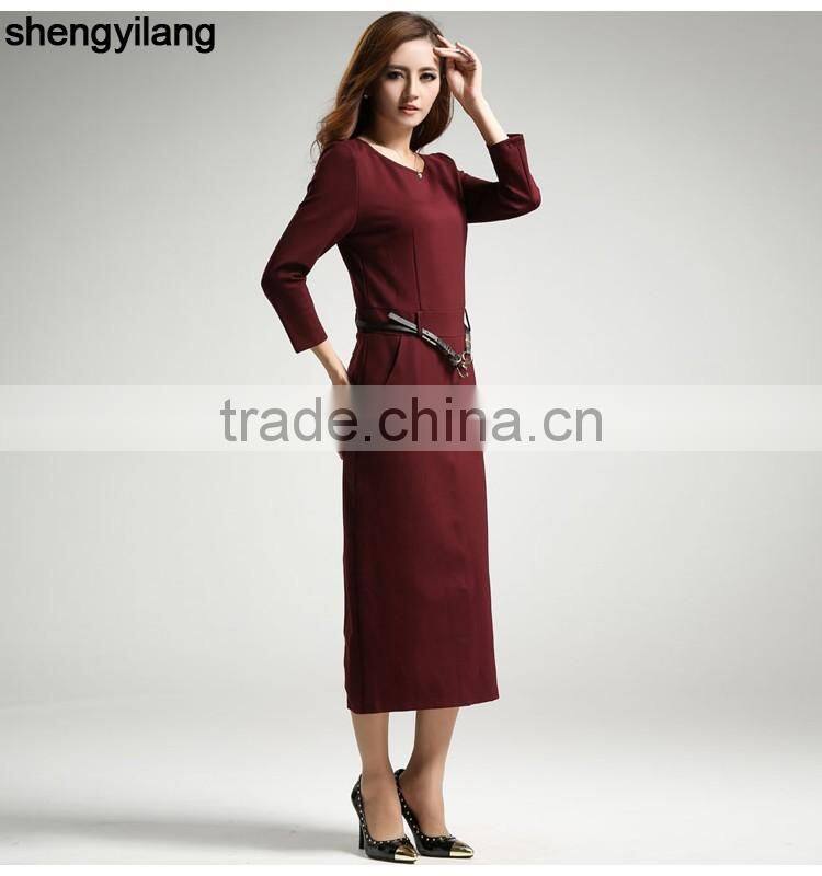back split simple 3/4 sleeve long dress with belt