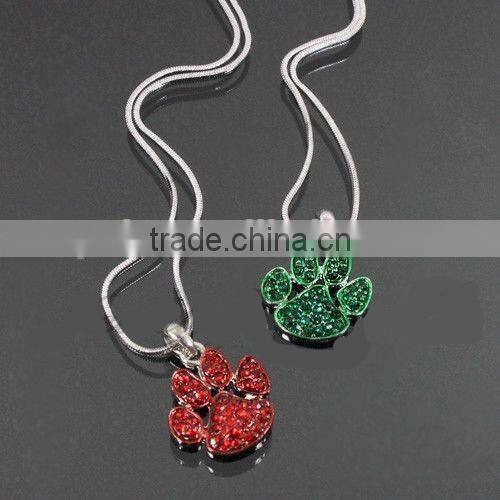 2015 fashion colorful crystal paw print necklace with snake chain