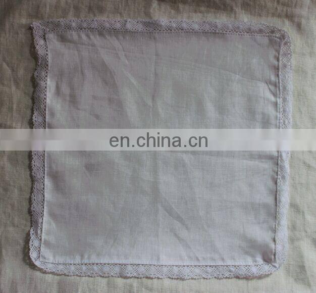 100% linen/cotton handkerchief with lace hem,white/blank for wedding,wholesale